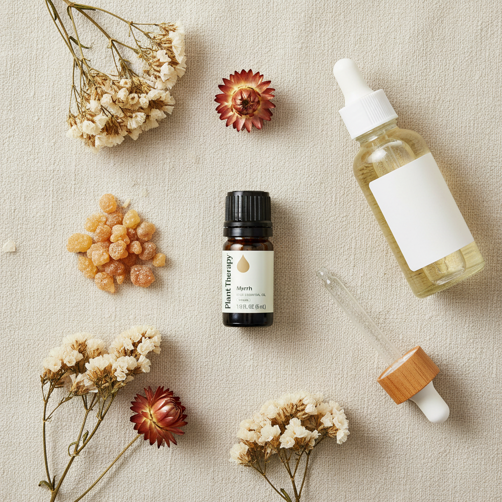 Plant Therapy Myrrh Essential Oil botanical flat lay with frankincense and dried flowers