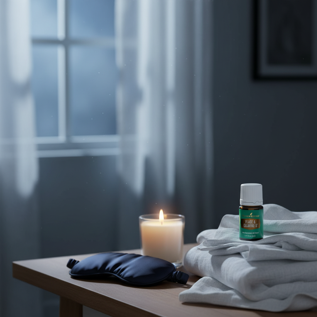 Peace & Calming II essential oil on cozy nightstand with candle and sleep mask