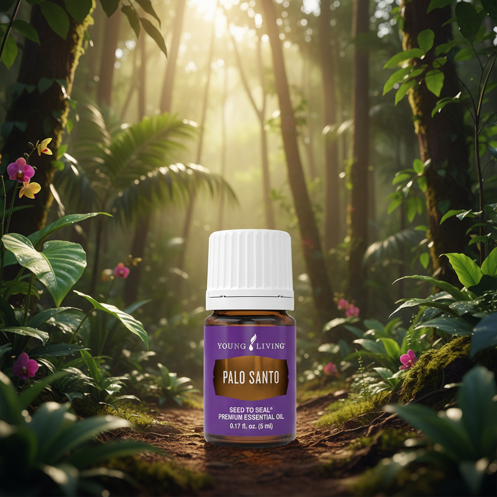 Palo Santo oil in South American rainforest with golden light