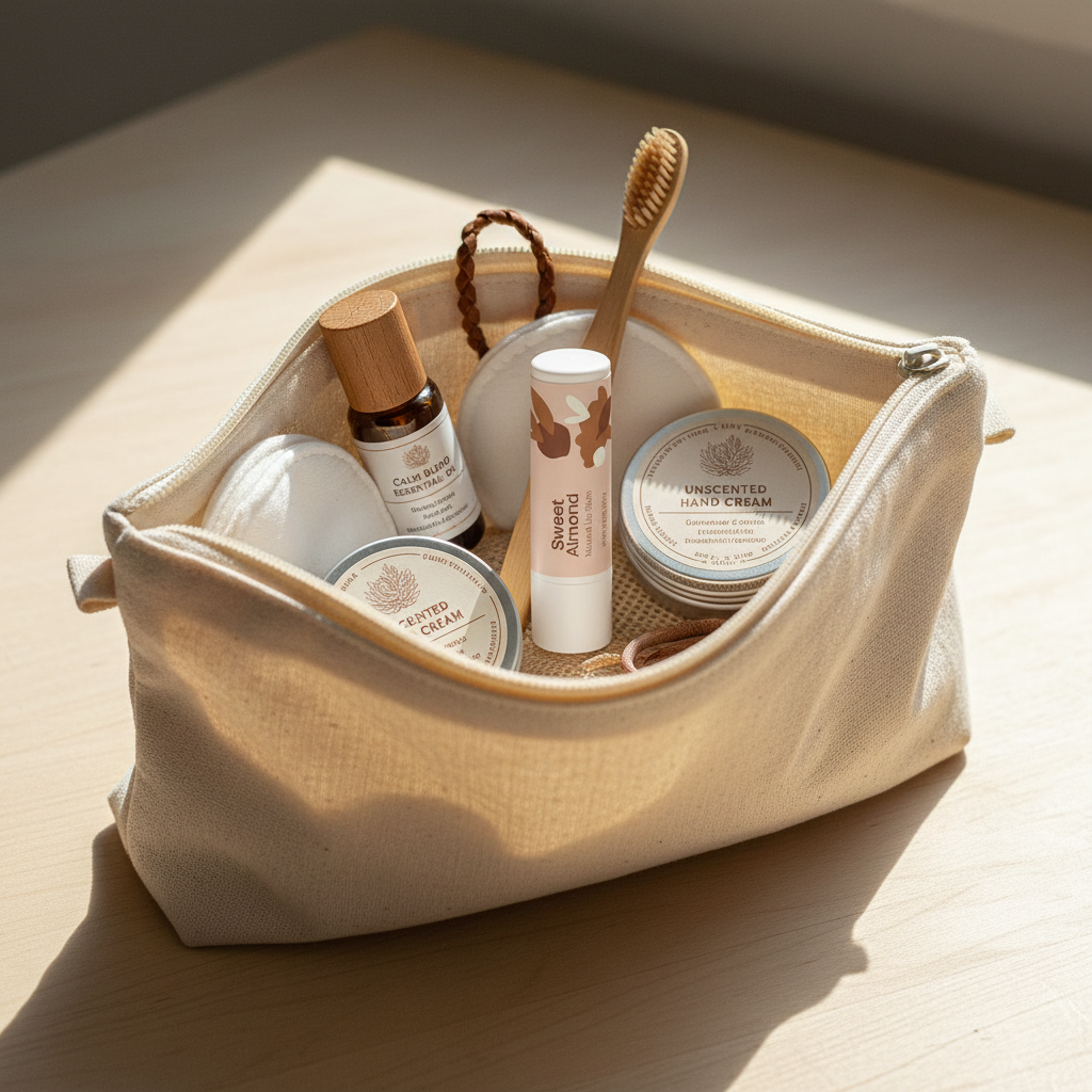 Sweet Almond Natural Lip Balm in cosmetic bag on-the-go lifestyle