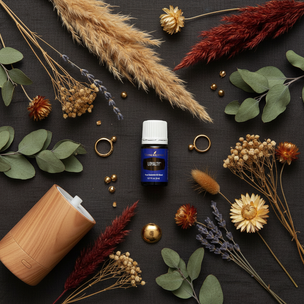 Young Living Loyalty flatlay with dried flowers diffuser and gold accents on dark linen