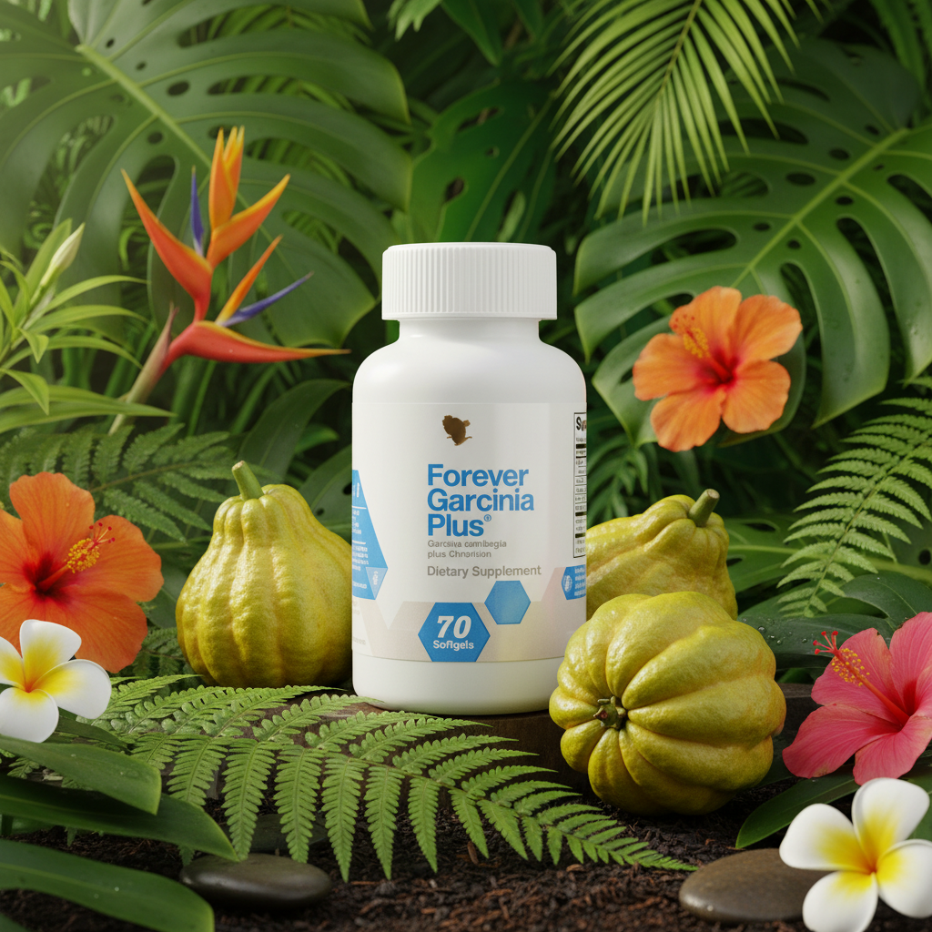 Forever Garcinia Plus bottle on lush tropical green background