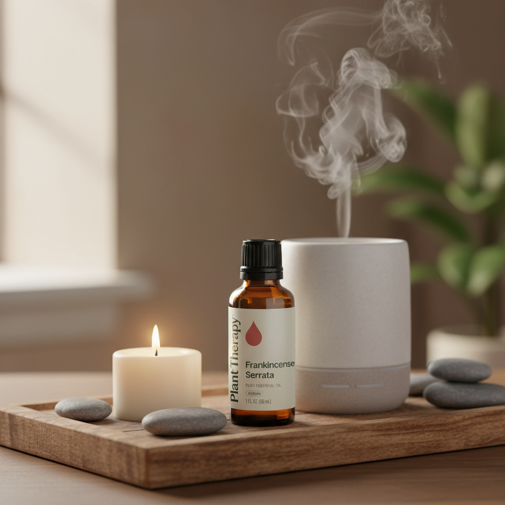 Frankincense Serrata beside candle and diffuser meditation setup