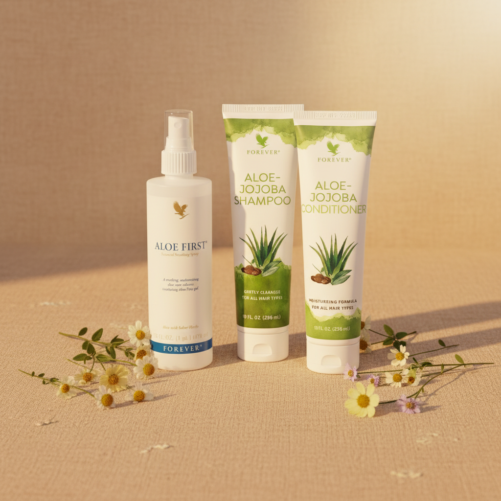 Forever dandruff treatment bundle on sandy beige with wildflowers