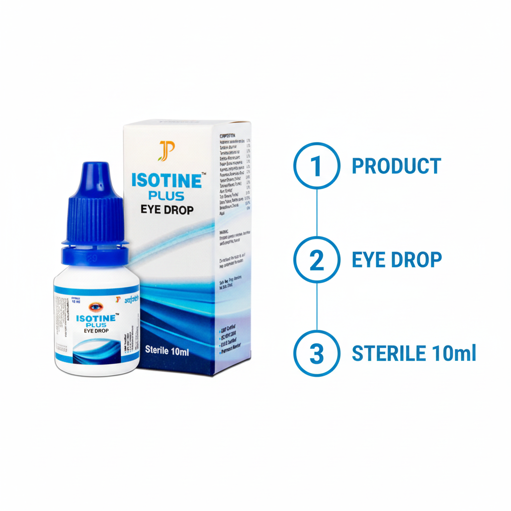 Isotine Plus Eye Drop three-part product infographic