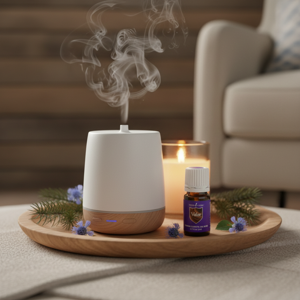 Valor essential oil next to ceramic diffuser with mist and blue tansy flowers