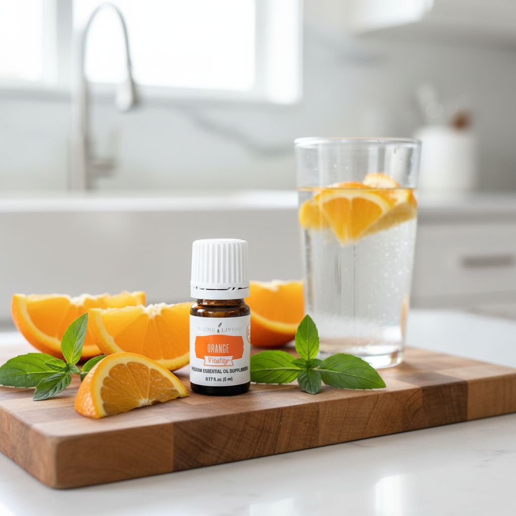 Orange Vitality with fresh orange slices on cutting board