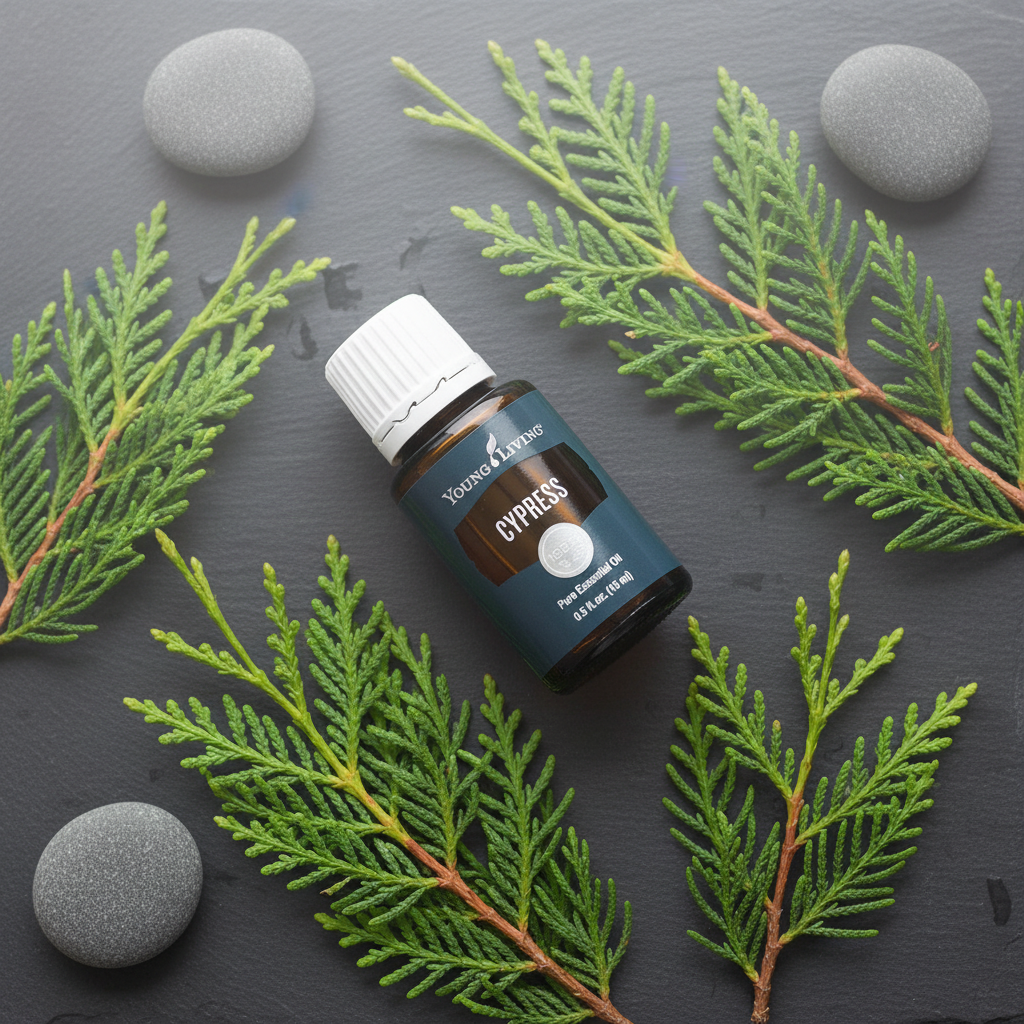 Cypress essential oil flat lay on dark slate with cypress branches and pebbles