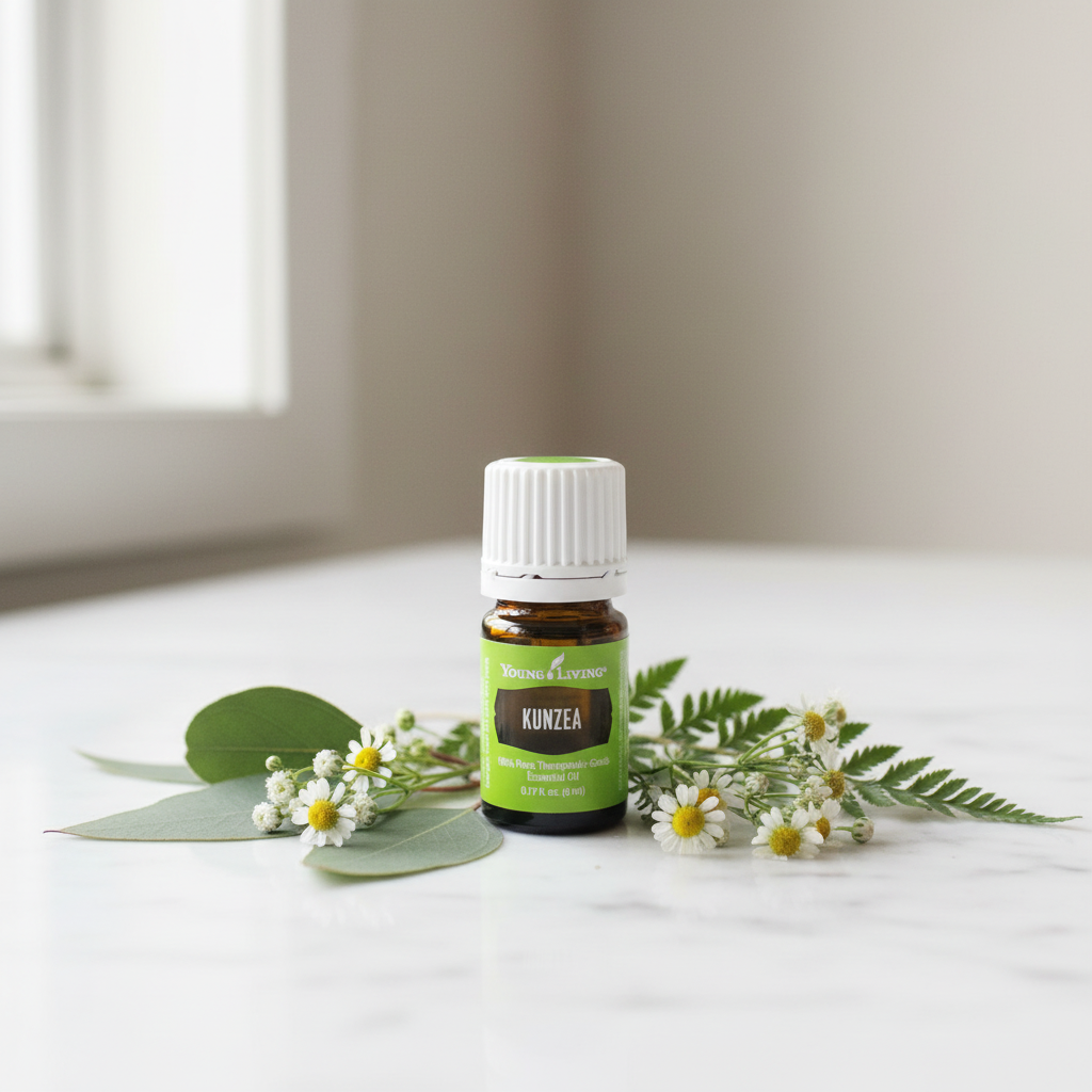 Kunzea oil on white marble with green botanicals