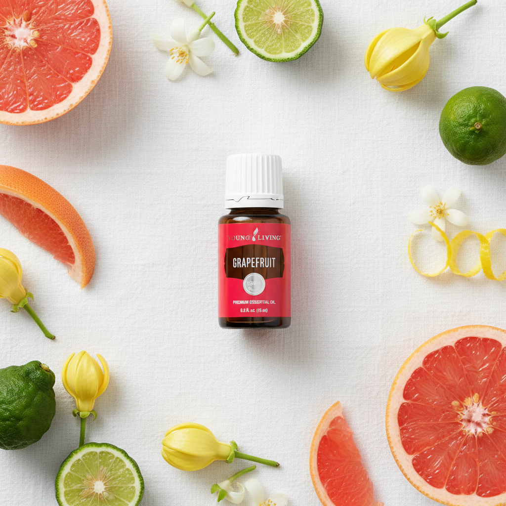 Grapefruit essential oil flat lay on white linen with grapefruit slices, bergamot, ylang ylang and lemon zest