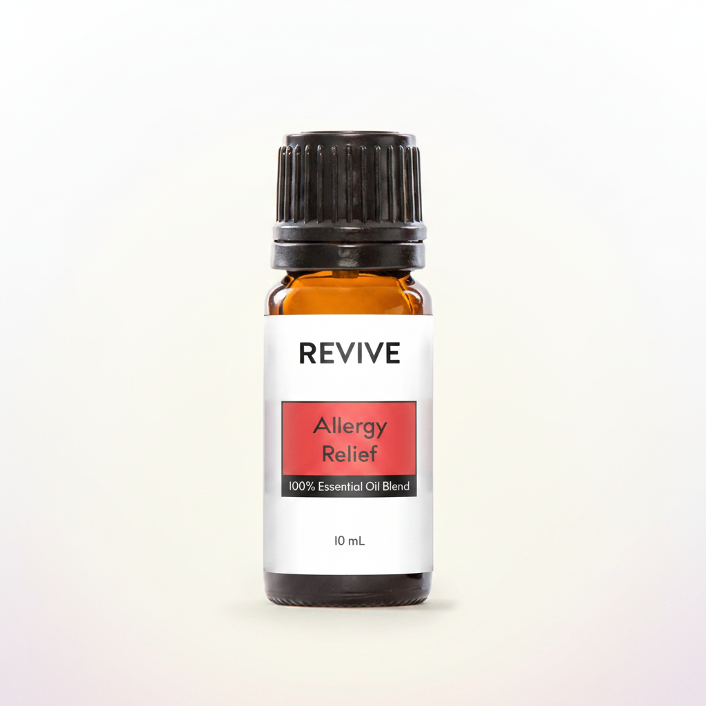 Revive Allergy Relief oil on pastel white and cream background