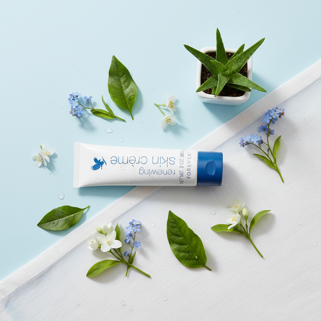 Forever Renewing Skin Crème with botanical ingredients flat lay