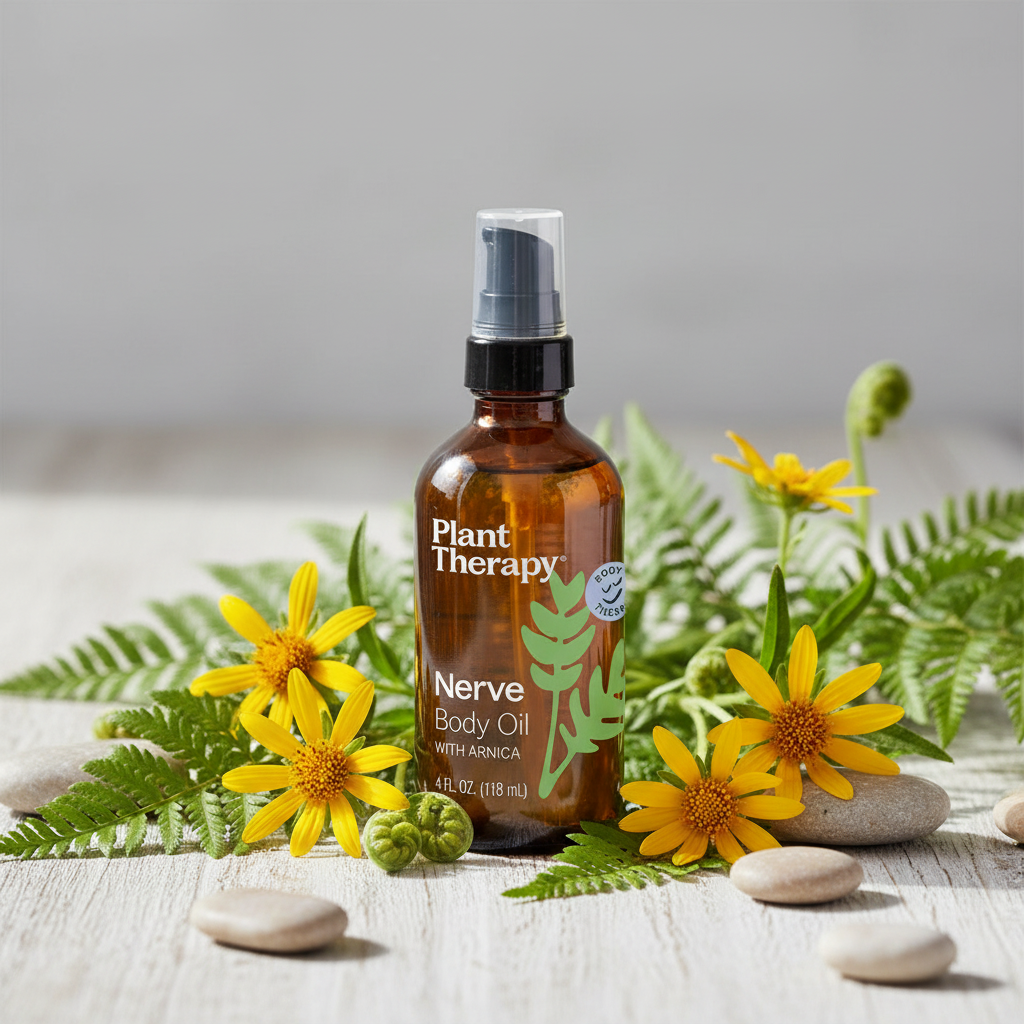 Plant Therapy Nerve Body Oil with arnica flowers and fern leaves on wood