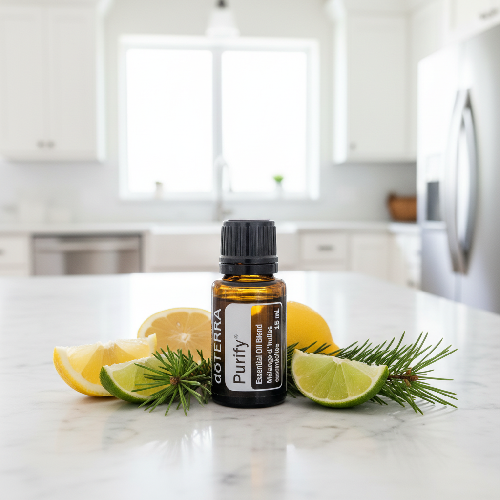 doTERRA Purify on marble countertop with citrus and pine botanicals