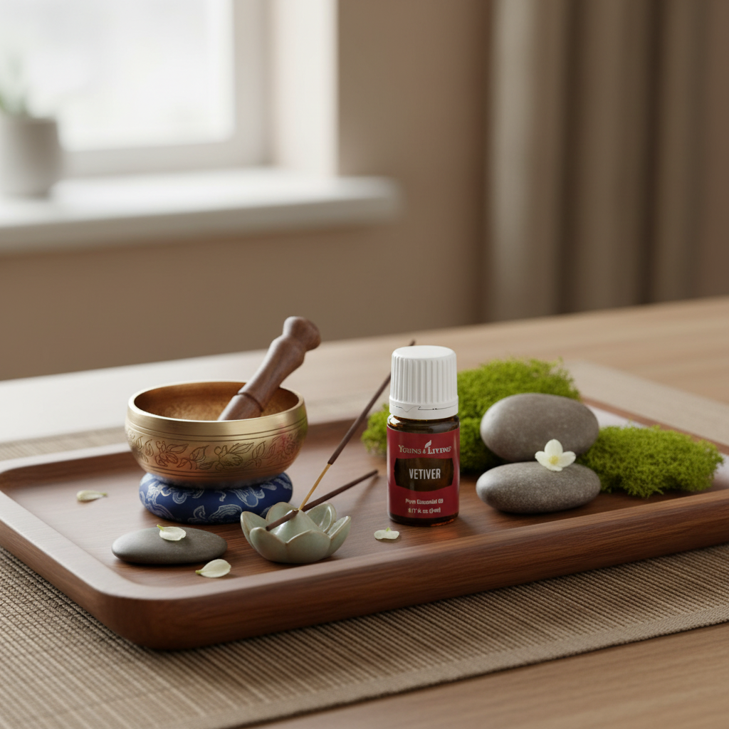 Vetiver bottle on zen meditation tray with singing bowl, stones and incense