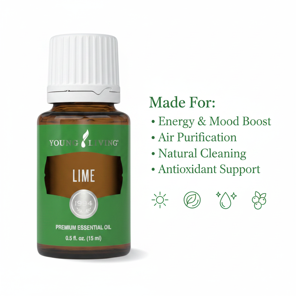 Lime essential oil infographic - Made For Energy, Air Purification, Natural Cleaning, Antioxidant Support