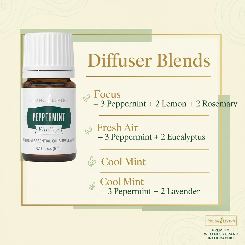 Peppermint Vitality diffuser blends infographic - Focus, Fresh Air, Cool Mint blends