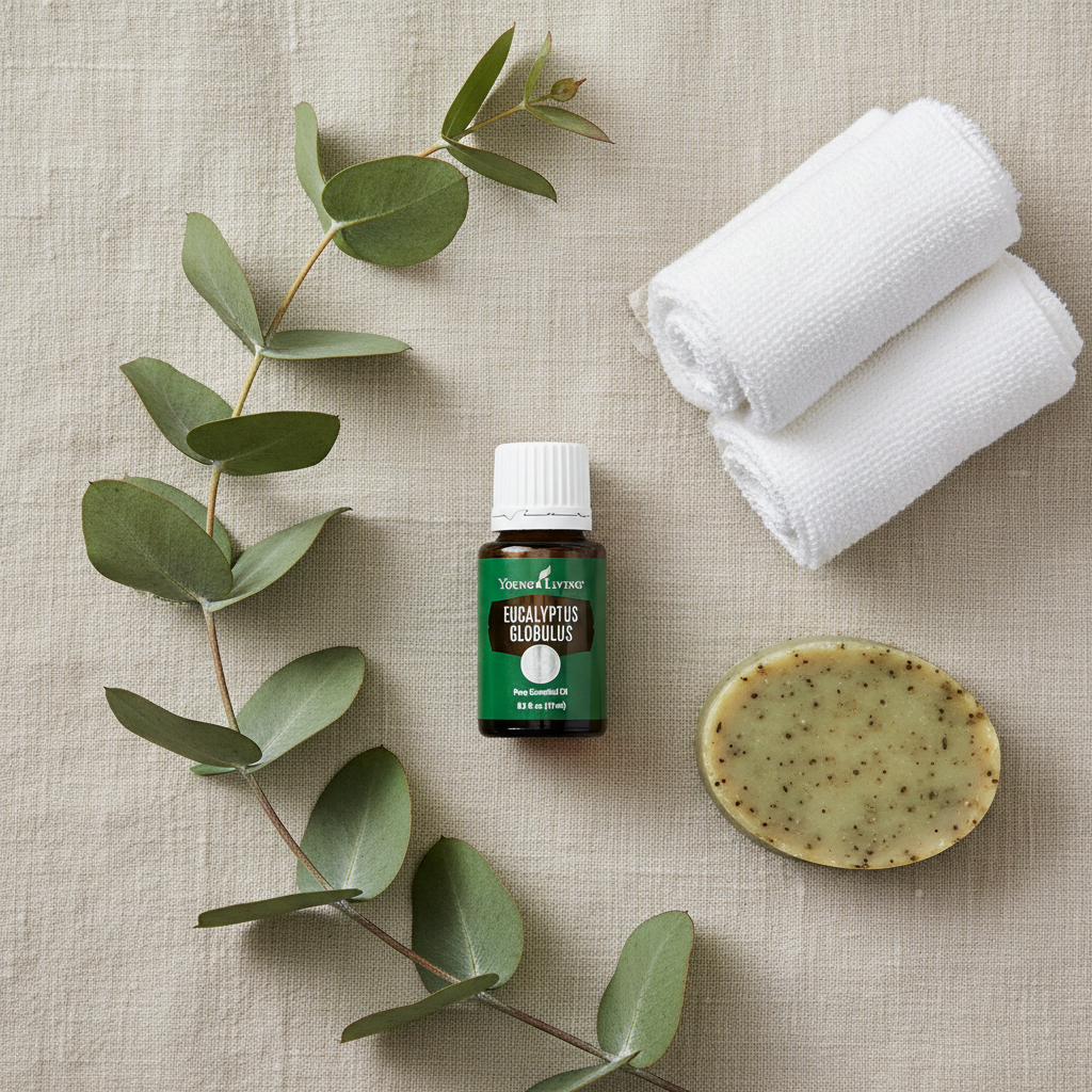 Flat lay of eucalyptus oil bottle with eucalyptus leaves, towels and natural soap