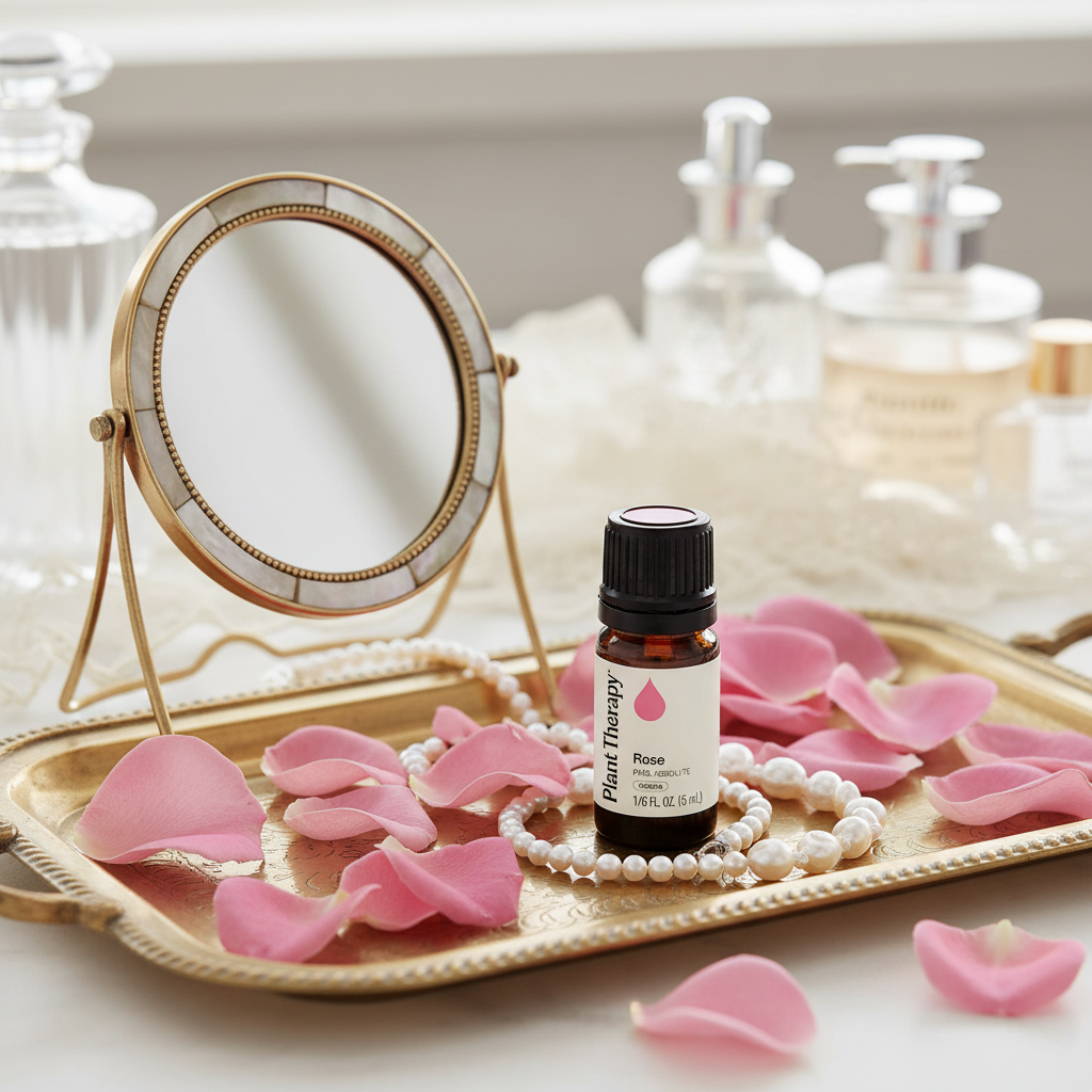 Plant Therapy Rose Pure Absolute on vanity tray with mirror and pearl jewelry