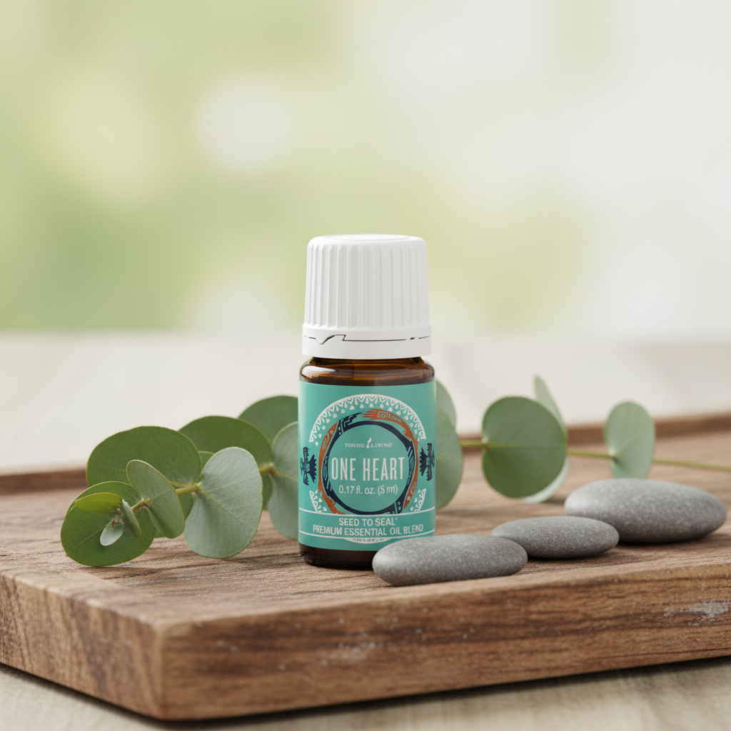 One Heart essential oil on rustic tray with eucalyptus and stones