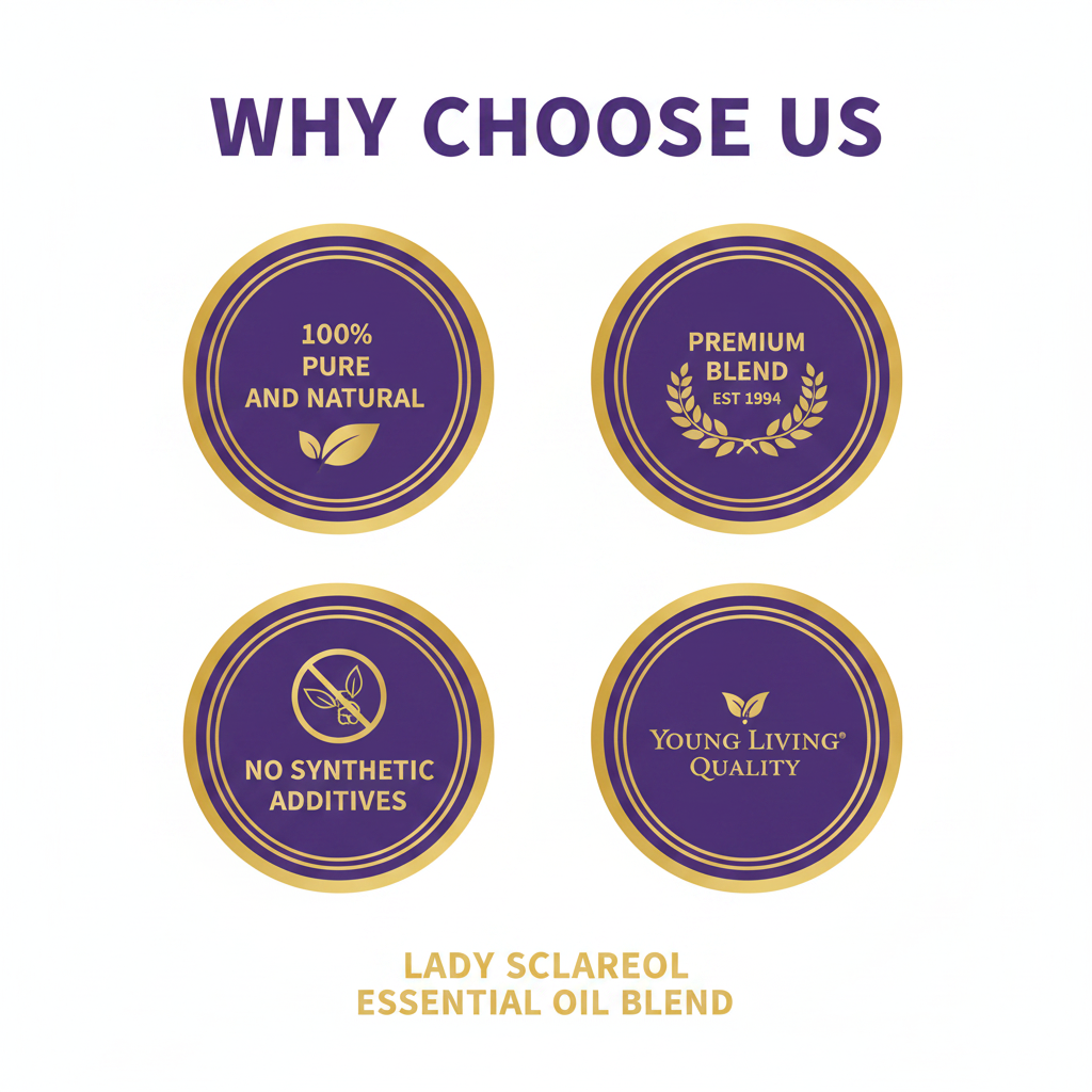 Lady Sclareol Essential Oil quality badges infographic