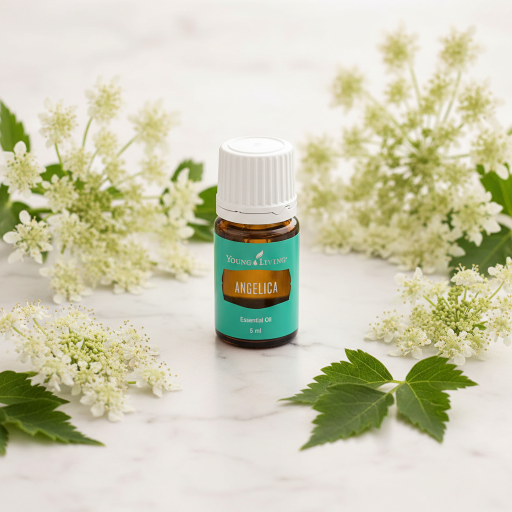 Angelica essential oil on marble with white flowers
