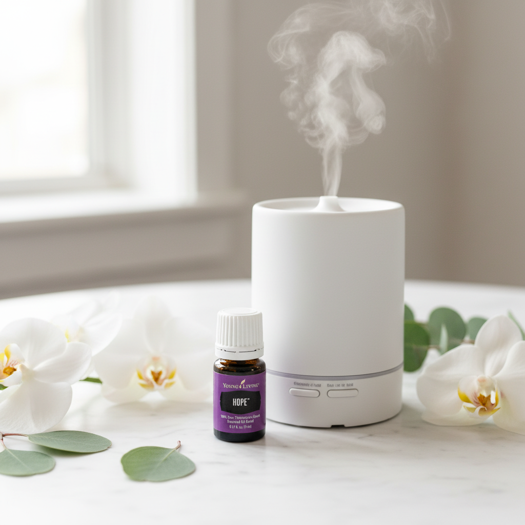 Hope oil beside diffuser on marble with orchids