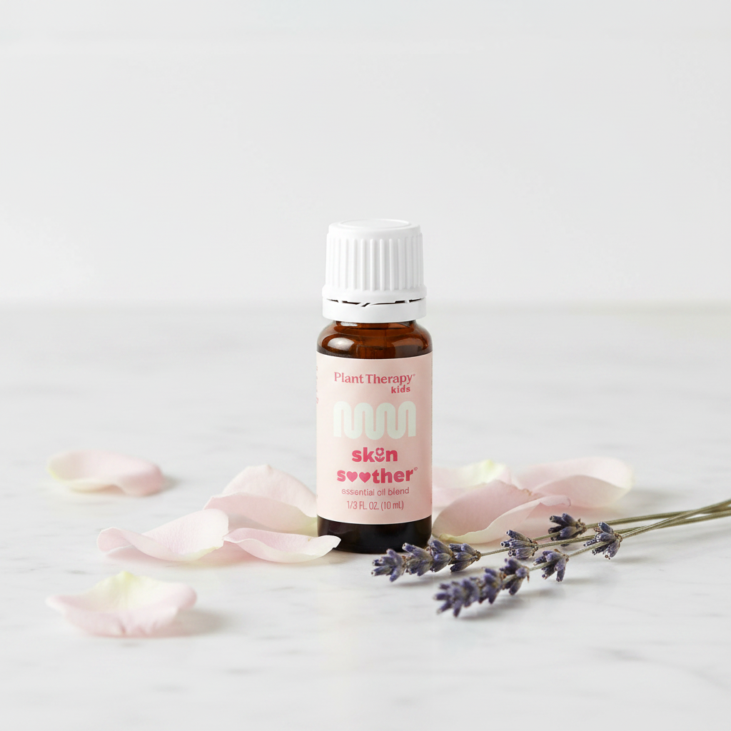 Skin Soother bottle close-up on marble with rose petals and lavender