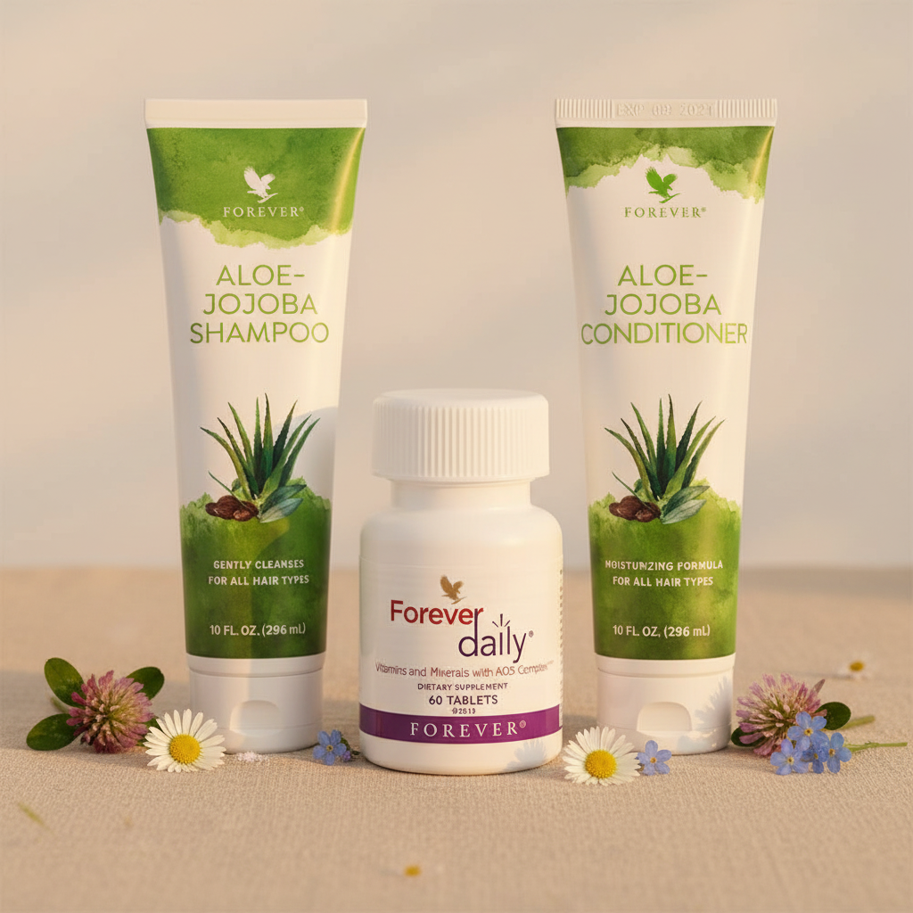 Forever Daily, Aloe-Jojoba Shampoo and Conditioner bundle on sandy beige background