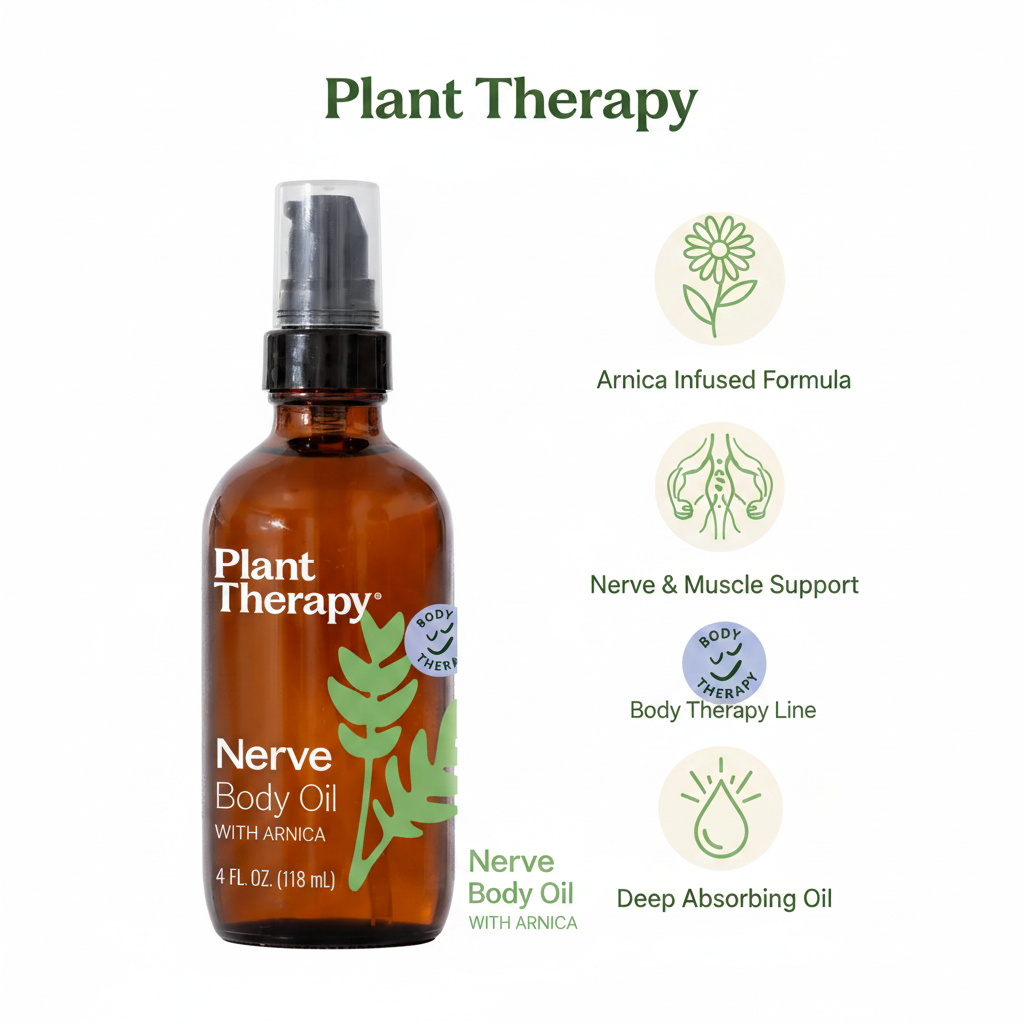 Plant Therapy Nerve Body Oil key benefits infographic