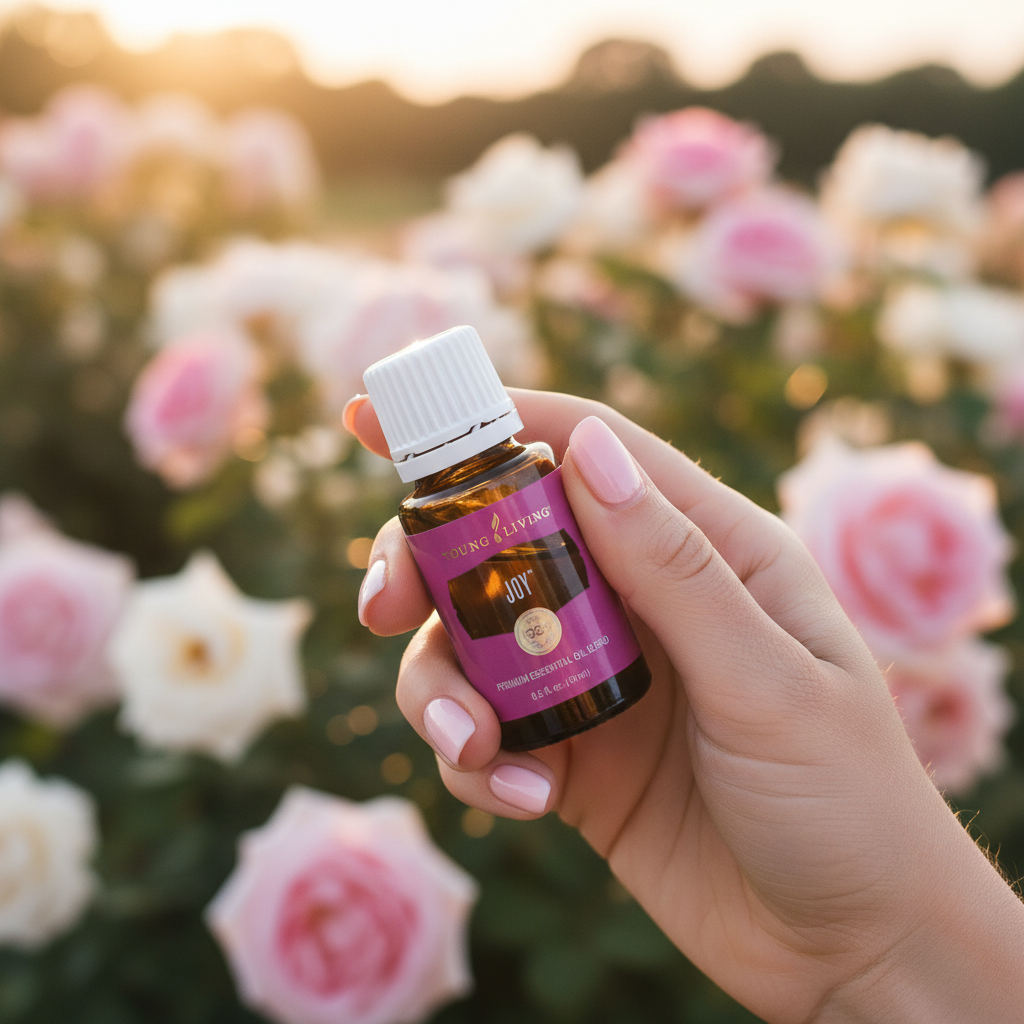 Young Living Joy essential oil held in hand against golden hour rose garden background