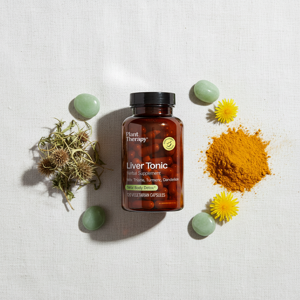 Plant Therapy Liver Tonic flat lay on white linen with herbs and stones