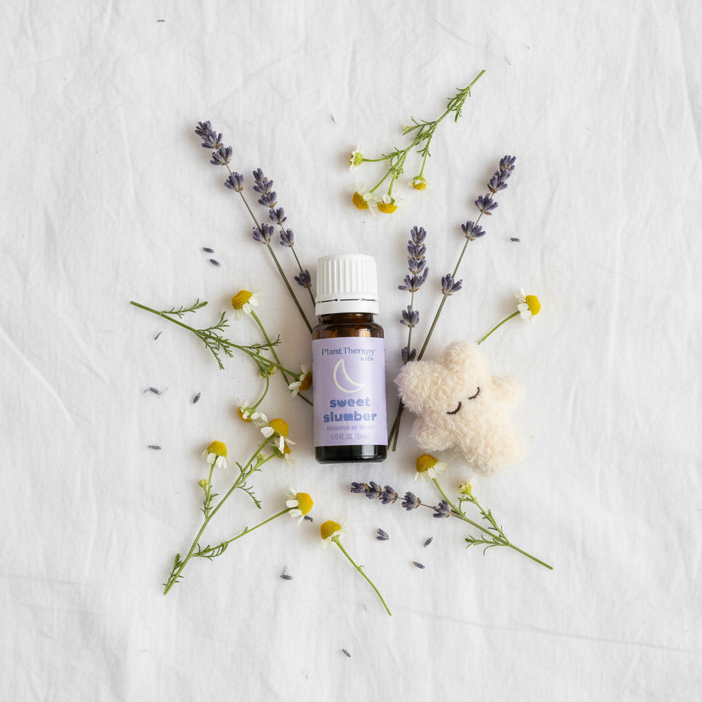 Sweet Slumber flatlay with lavender chamomile and plush toy