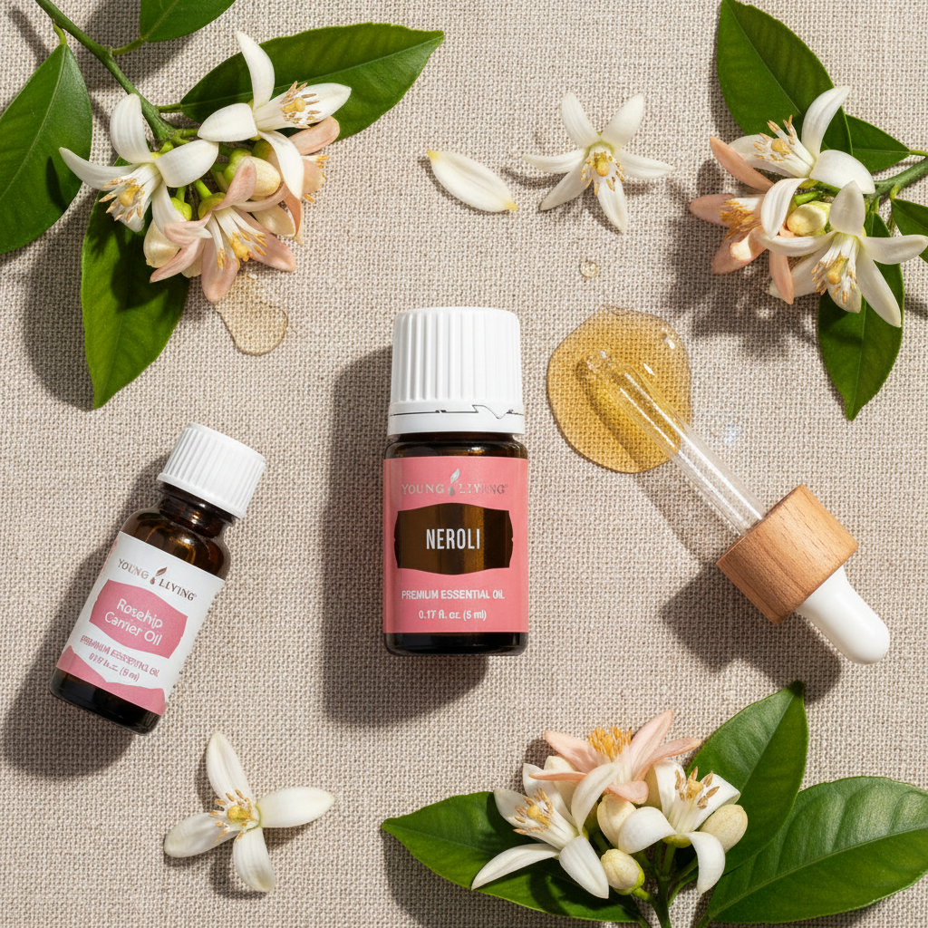 Young Living Neroli Essential Oil botanical flat lay with orange blossoms and rosehip oil