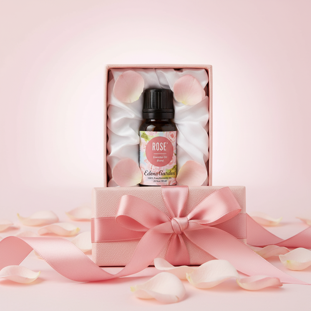 Edens Garden Rose Essential Oil as a gift with ribbon and rose petals