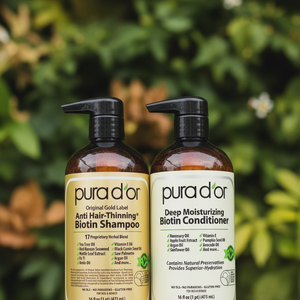 PURA D'OR Biotin Shampoo and Conditioner close-up with botanical background
