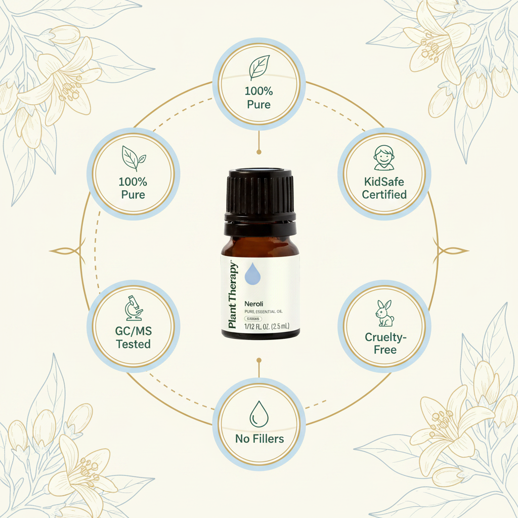 Neroli Essential Oil quality badges infographic - 100% Pure, KidSafe, GC/MS Tested, Cruelty-Free