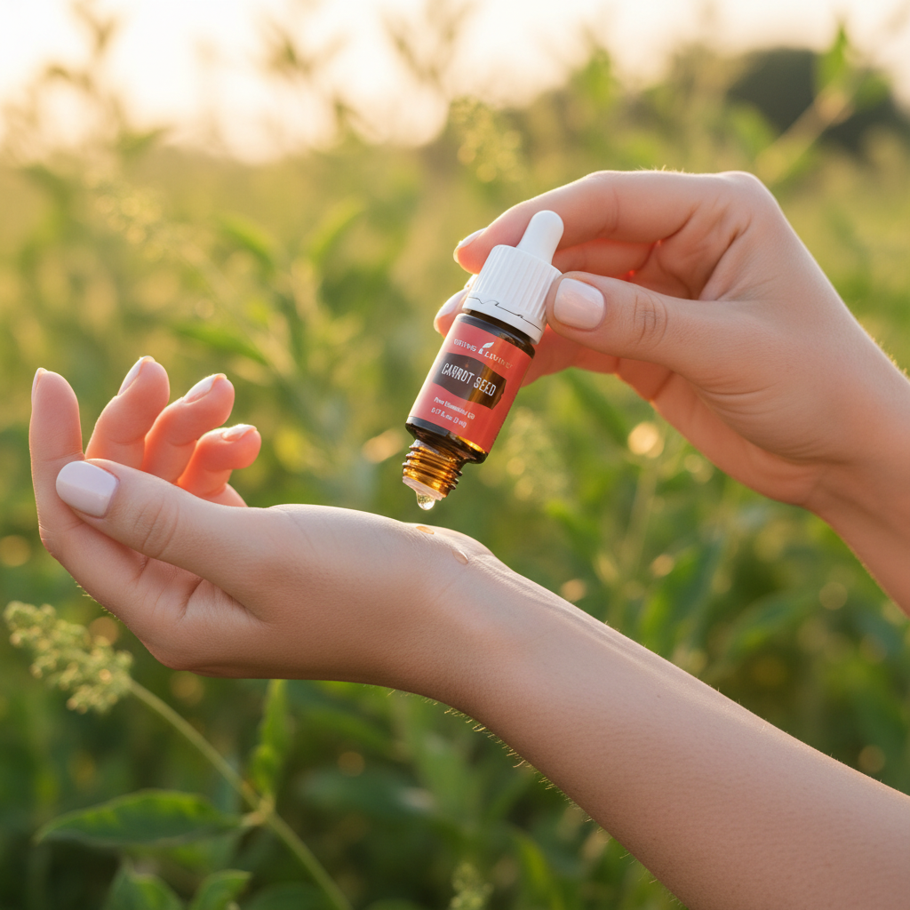 Carrot Seed essential oil held in hand near glowing skin