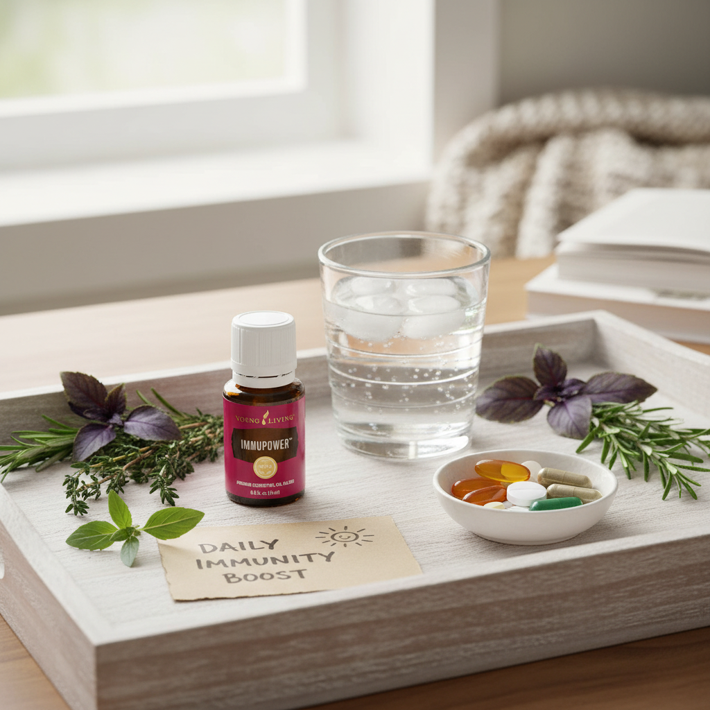 ImmunPower bottle on wellness tray with water, vitamins and fresh herbs for daily immune routine