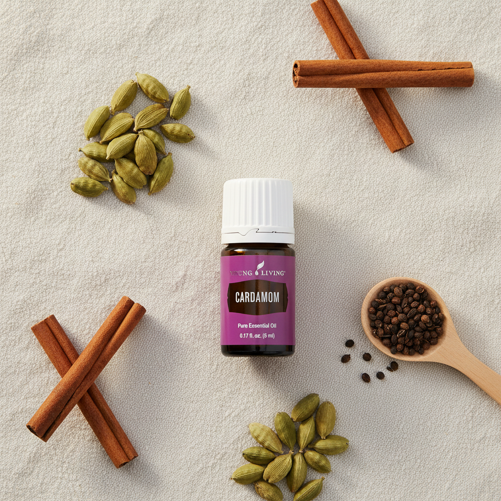 Cardamom essential oil flat lay with cardamom pods and cinnamon on linen