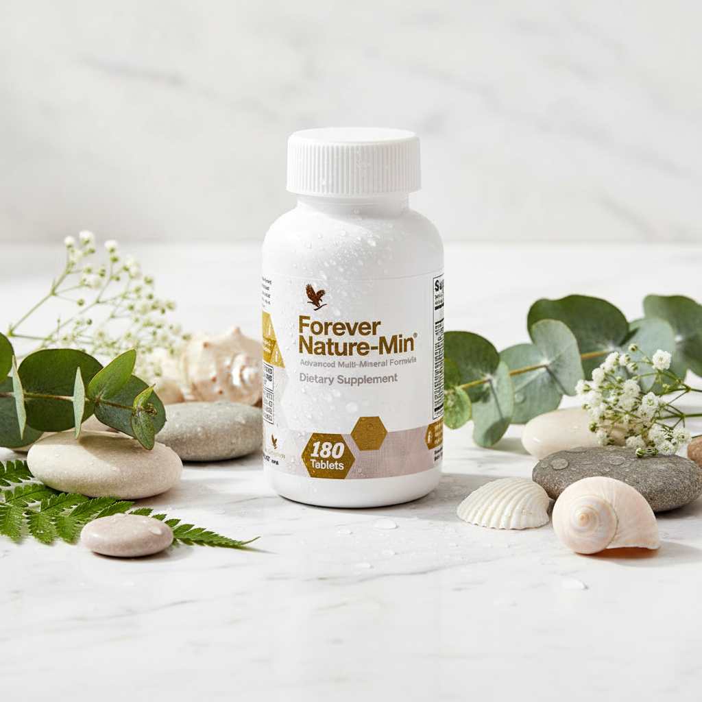 Forever Nature-Min 180 tablets bottle on white marble with sea shells
