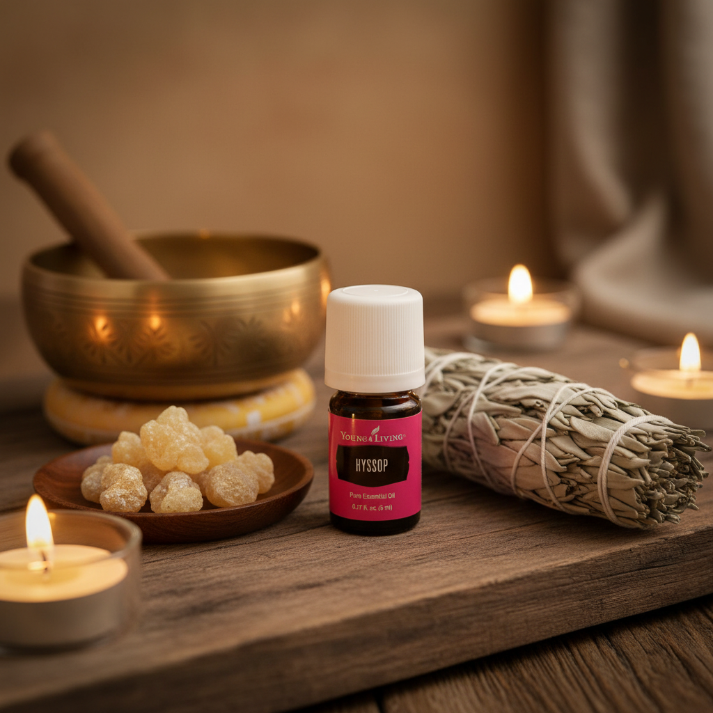 Young Living Hyssop bottle on meditation altar with frankincense and singing bowl