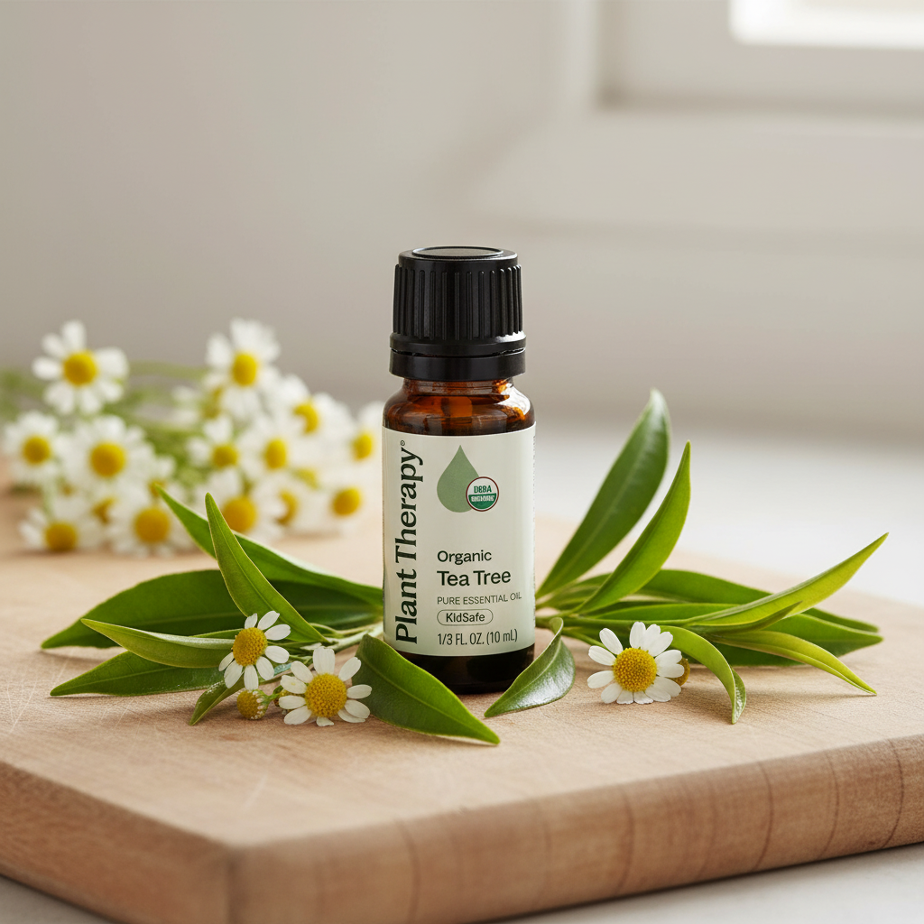 Plant Therapy Organic Tea Tree Essential Oil with tea tree leaves on wood