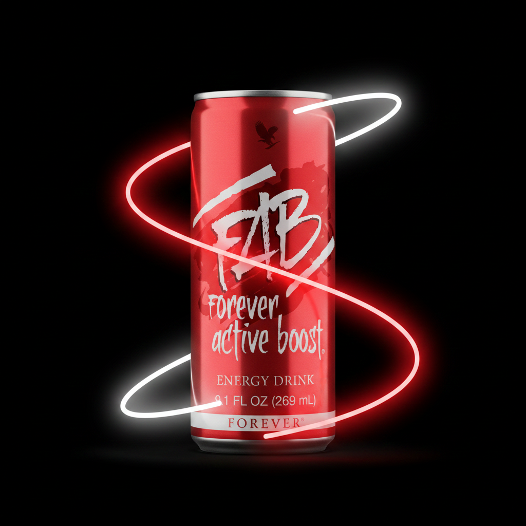 FAB Forever Active Boost can on black background with neon red light streaks
