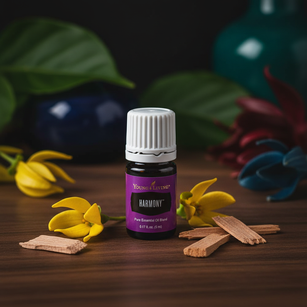 Young Living Harmony essential oil on dark walnut wood with ylang ylang flowers and sandalwood