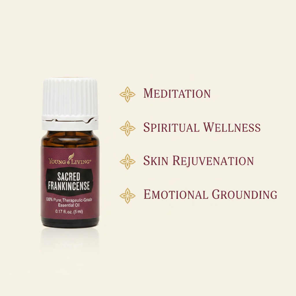 Sacred Frankincense uses infographic - meditation spiritual wellness skin rejuvenation emotional grounding