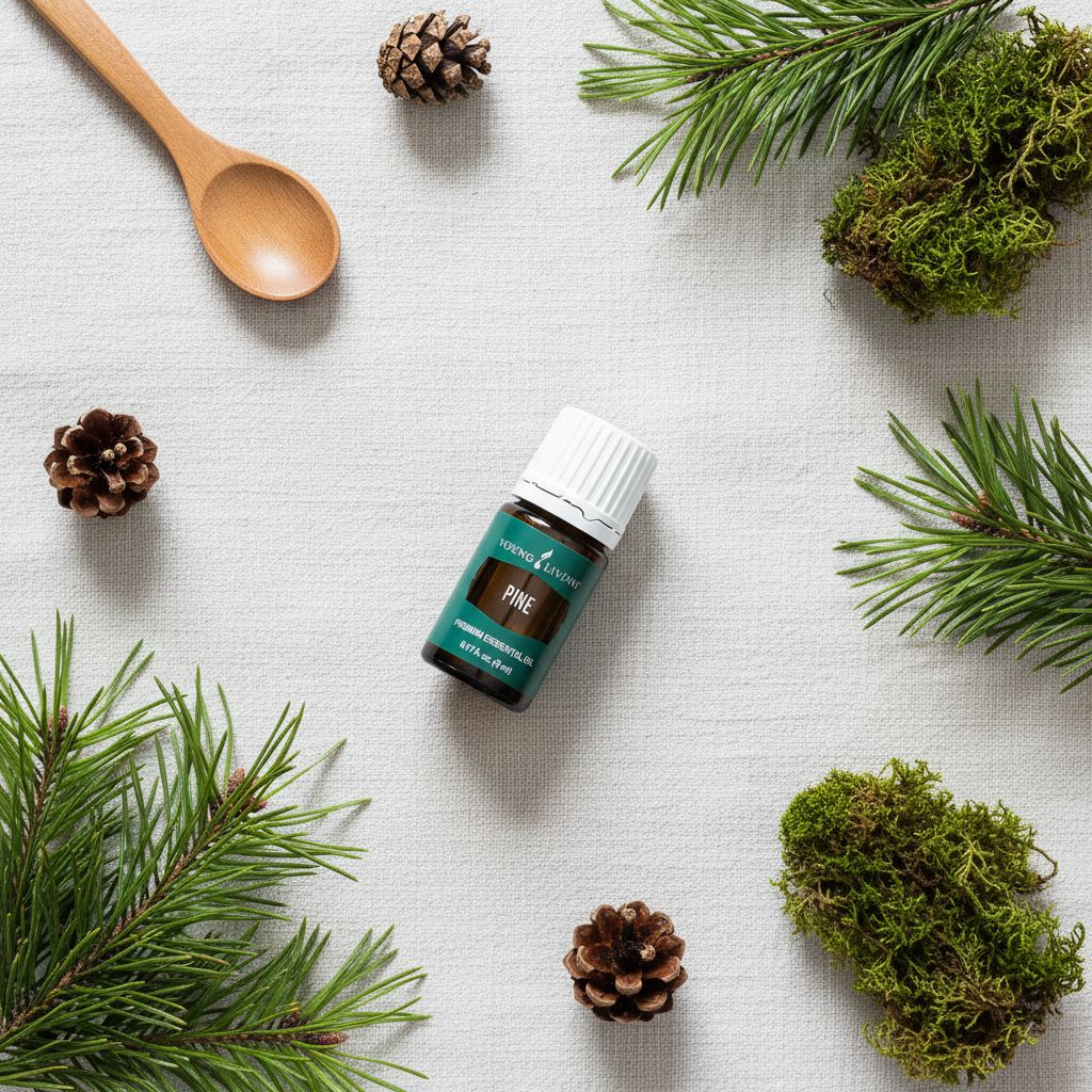 Pine essential oil flat lay with pine needles and cones on linen