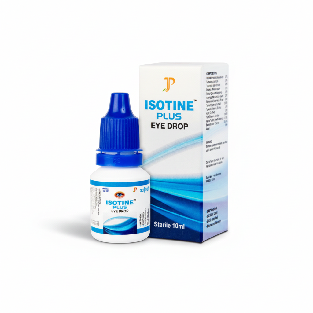 Isotine Plus Eye Drop bottle and box on a white background