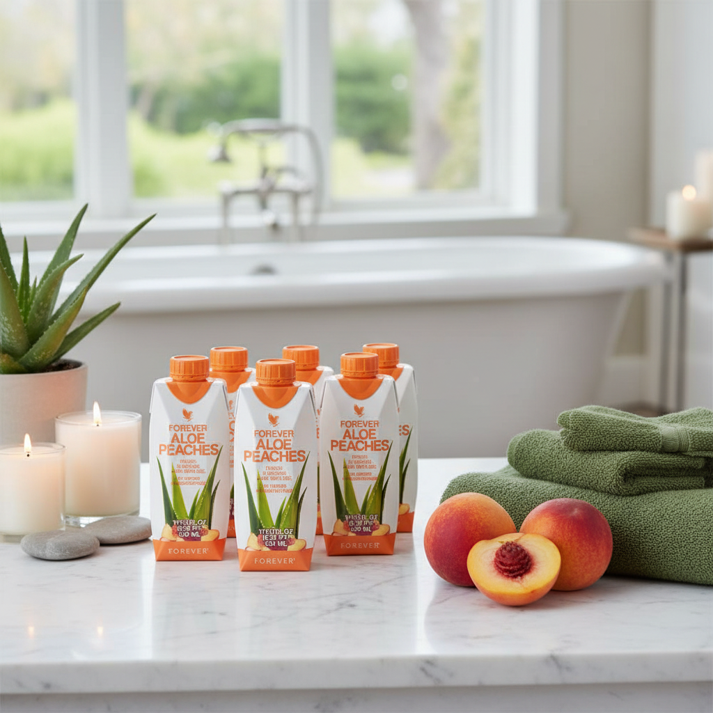 Forever Aloe Peaches minis displayed in luxury spa setting