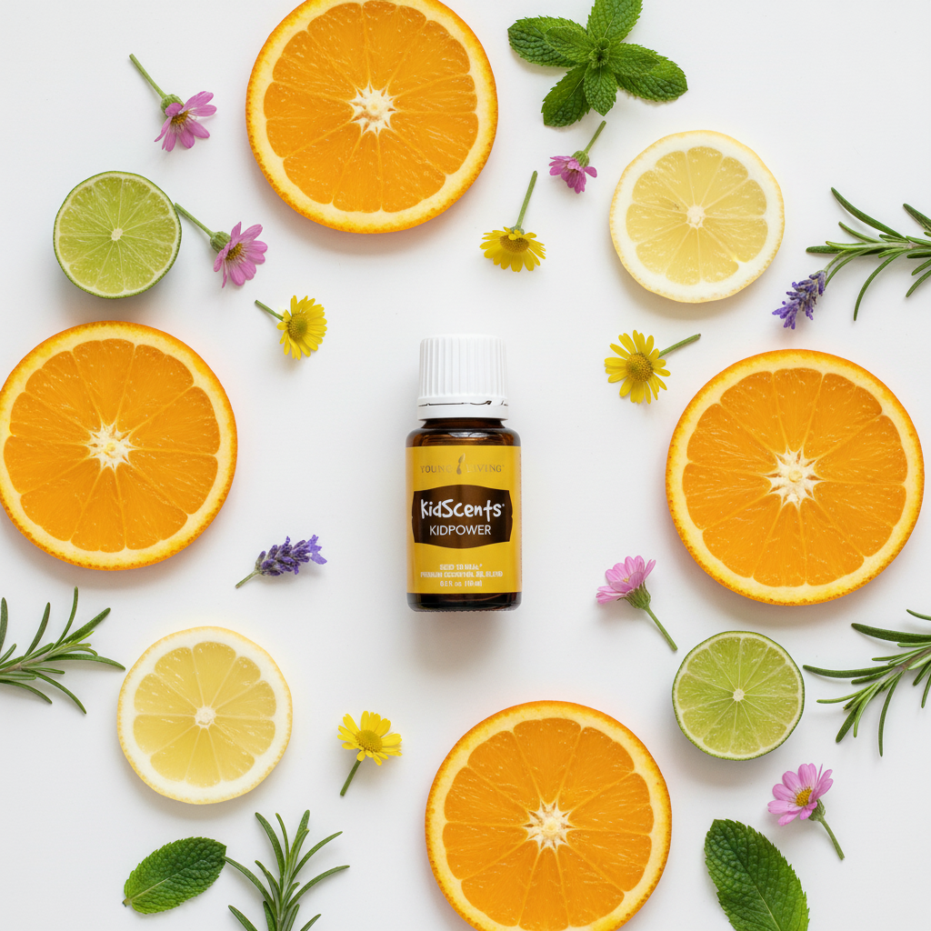 KidPower essential oil flat lay with citrus and mint
